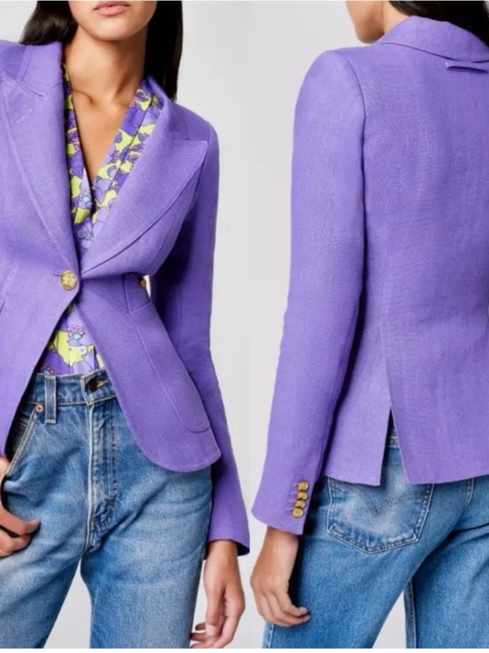 SMYTHE Duchess Linen Blazer Jacket Purple Gold Button Peak Lapel Size 4 Tailored